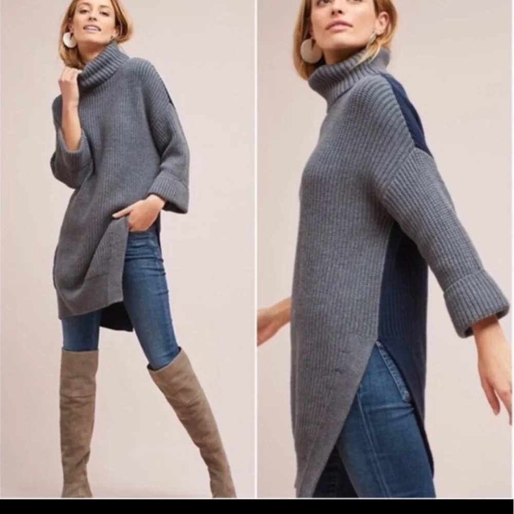 Moth Anthropologie Colorblock Turtleneck Sweater Dress Grey Navy Blue Large
